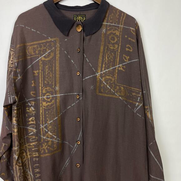 Visual Professional | Brown Silk Linen Blend Metallic Print Button Front Tunic - Picture 7 of 7